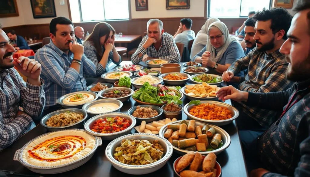 Traditional Syrian mezze spread with various dishes in a Hama restaurant