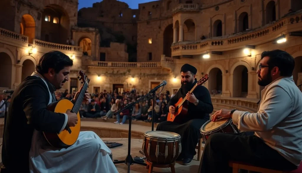 Traditional Syrian music performance in the Roman Theatre of Bosra during a cultural festival