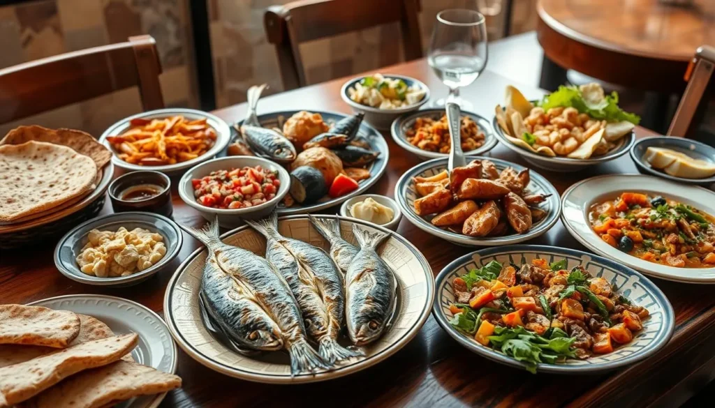 Traditional Syrian seafood platter with grilled fish, mezze, and local dishes in a Latakia restaurant