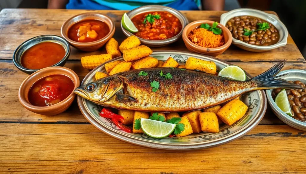 Traditional Tabasqueño cuisine featuring pejelagarto fish, plantains, and local dishes