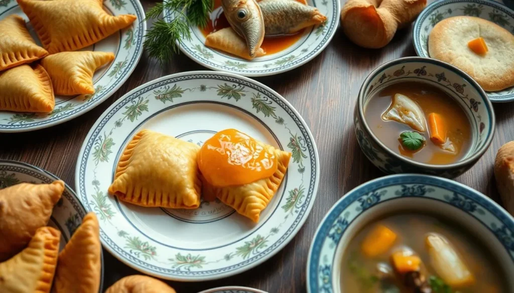 Traditional Tatar dishes including Echpochmak and Chak-chak served at a local restaurant near Lake Kamskoe