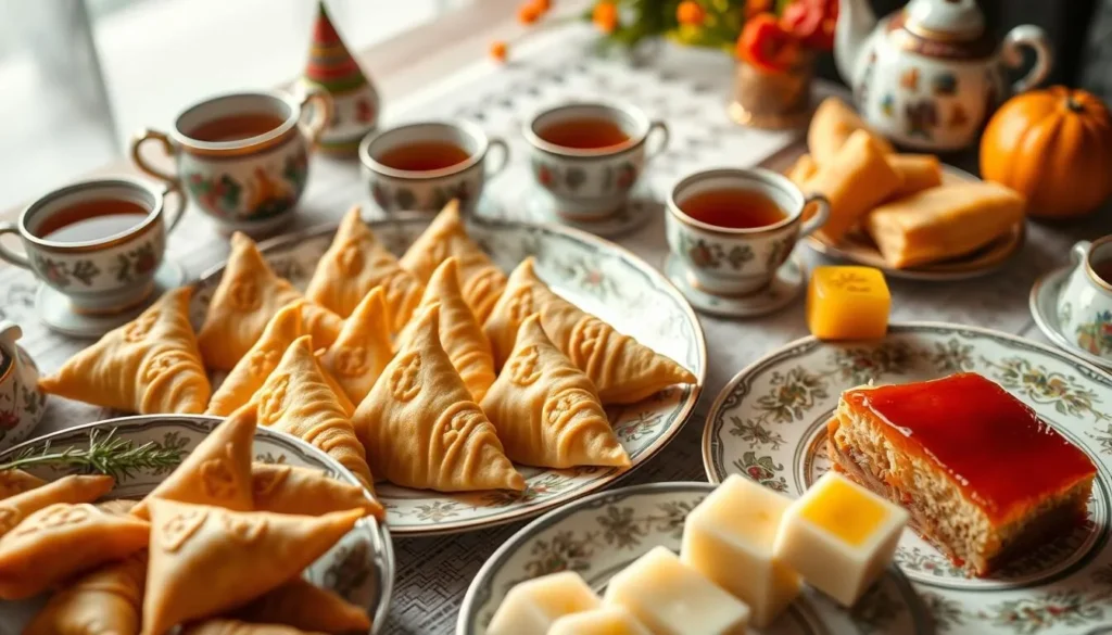 Traditional Tatar dishes including Echpochmak triangular pastries and Chak-chak dessert
