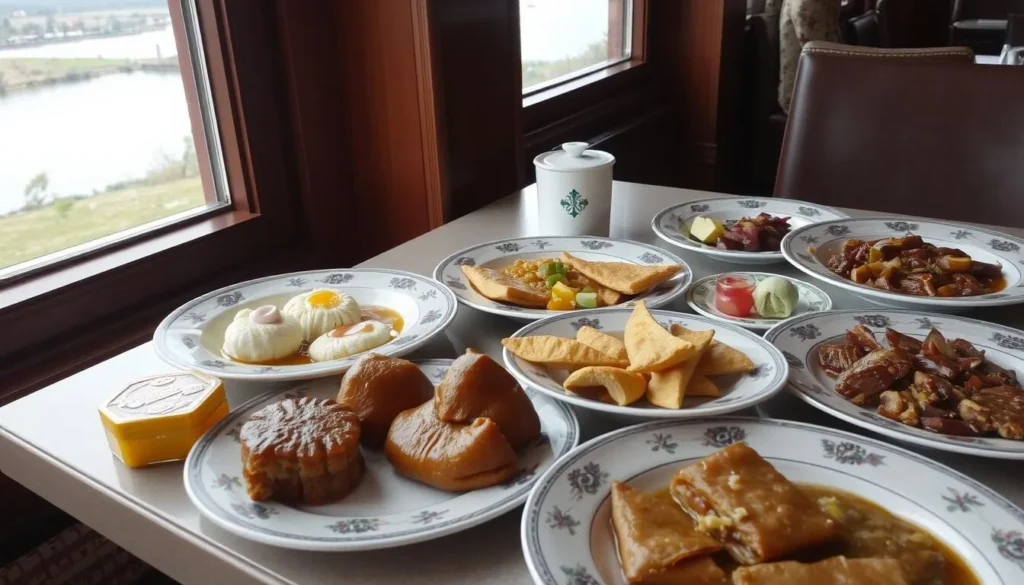 Traditional Tatar dishes including chak-chak and echpochmak served at a restaurant overlooking Kuybyshev Reservoir Traditional Tatar dishes including chak-chak and echpochmak served at a restaurant overlooking Kuybyshev Reservoir