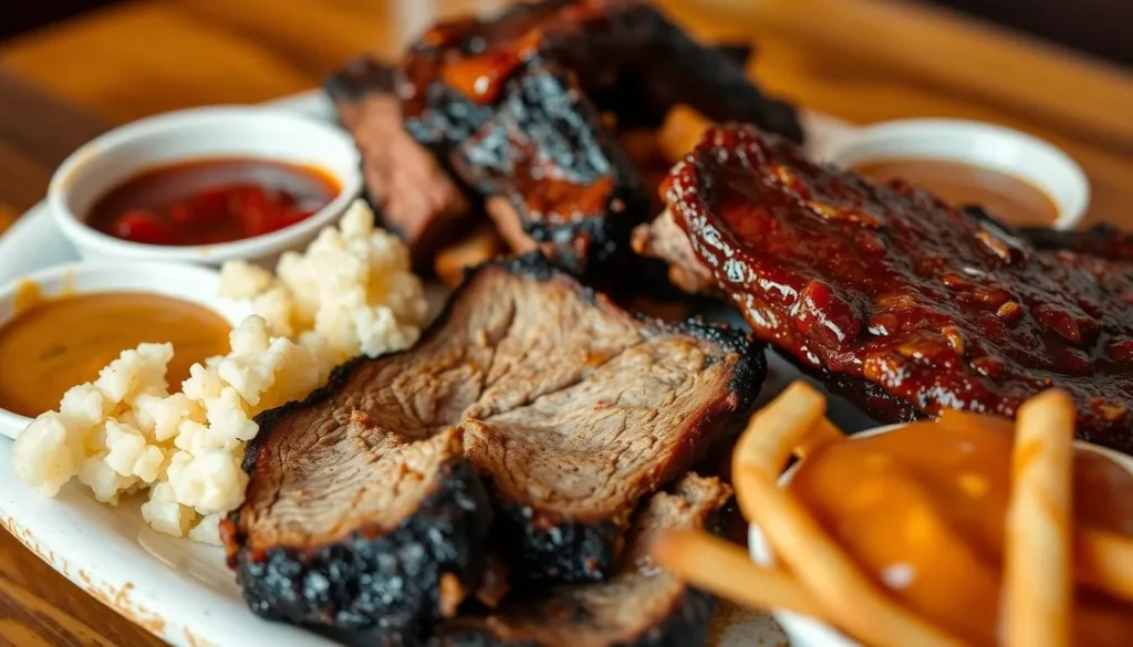 Traditional Texas barbecue plate with brisket, ribs, and sides at a San Angelo restaurant