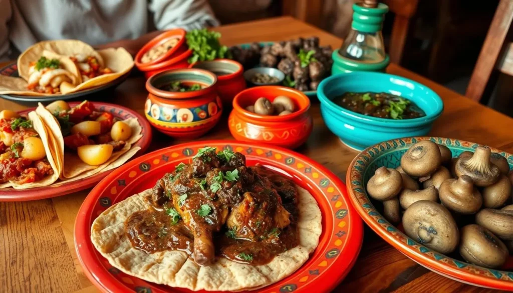 Traditional Tlaxcalan food including tacos, mole, and wild mushroom dishes served at a local restaurant near La Malinche Traditional Tlaxcalan food including tacos, mole, and wild mushroom dishes served at a local restaurant near La Malinche