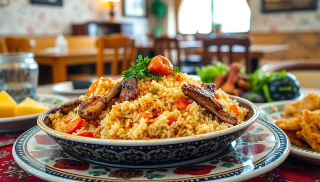 Traditional Tunisian couscous dish with vegetables and meat in a restaurant setting