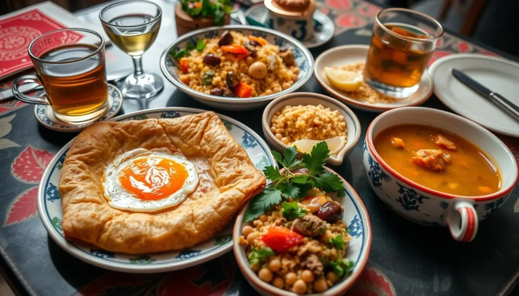 Traditional Tunisian cuisine including brik, couscous, and mint tea - local food in Sousse, Tunisia