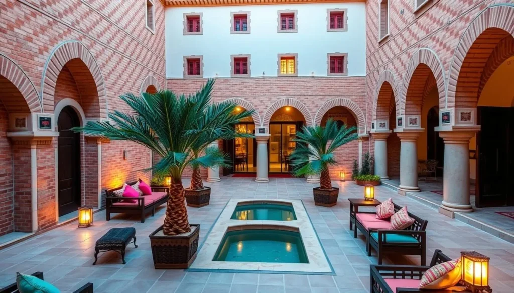 Traditional Tunisian hotel in Tozeur with distinctive brick patterns and a central courtyard with a small pool