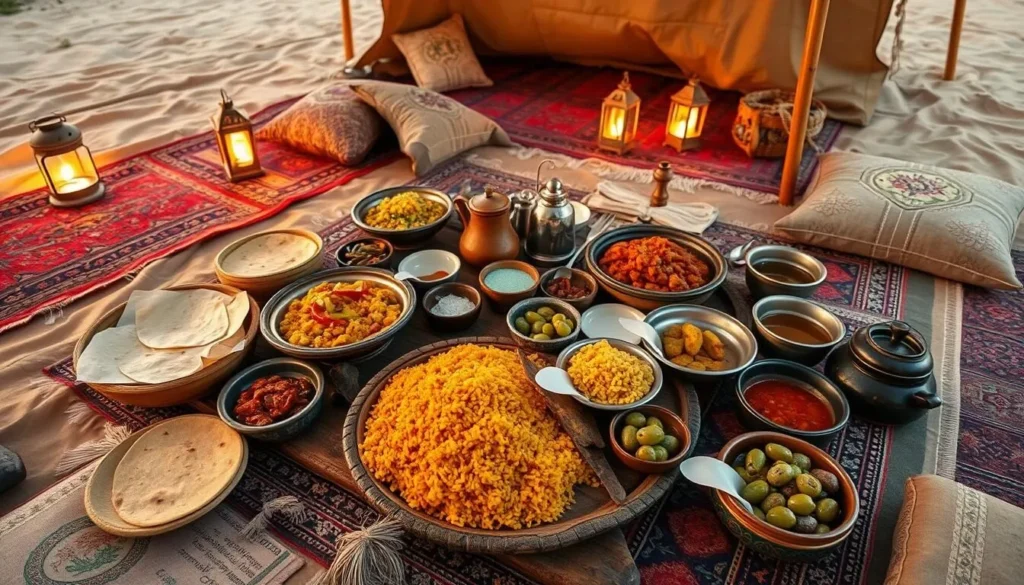 Traditional Tunisian meal being served at a desert camp near Sanghr Jabbess National Park
