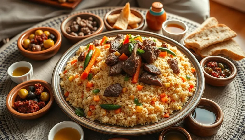 Traditional Tunisian meal spread with couscous, lamb, vegetables, and bread served in authentic pottery Traditional Tunisian meal spread with couscous, lamb, vegetables, and bread served in authentic pottery