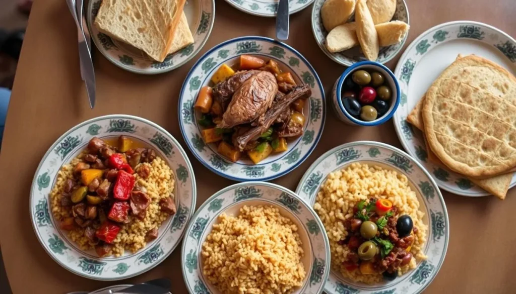 Traditional Tunisian meal with couscous, lamb, and local dishes in Tataouine
