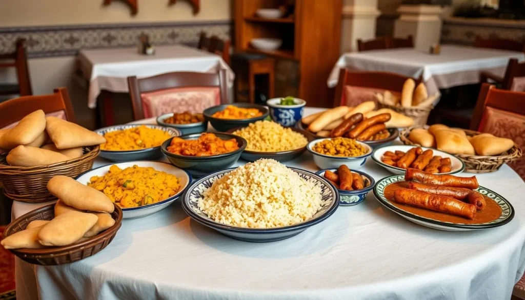 Traditional Tunisian meal with couscous, tagine, and local dishes