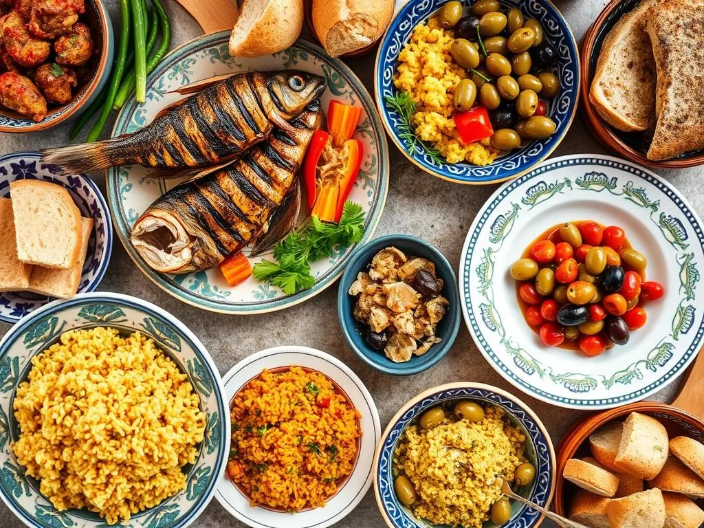 Traditional Tunisian meal with fresh seafood and local vegetables from the Jebel Chitana-Cap Negro region