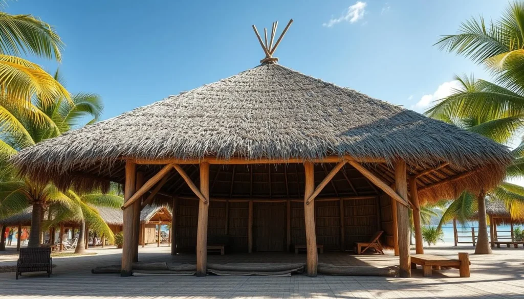 Traditional Tuvaluan falekaupule (meeting house) with thatched roof and open sides where community gatherings take place