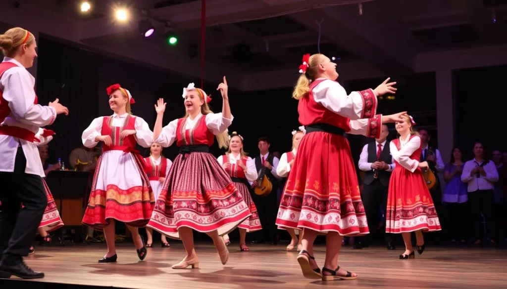 Traditional Udmurt folk performance with dancers in colorful national costumes Traditional Udmurt folk performance with dancers in colorful national costumes