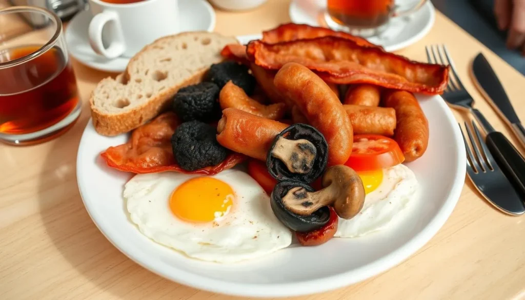Traditional Ulster Fry breakfast with soda bread, potato bread, sausages, bacon, eggs, and black pudding served in a Belfast cafe Traditional Ulster Fry breakfast with soda bread, potato bread, sausages, bacon, eggs, and black pudding served in a Belfast cafe