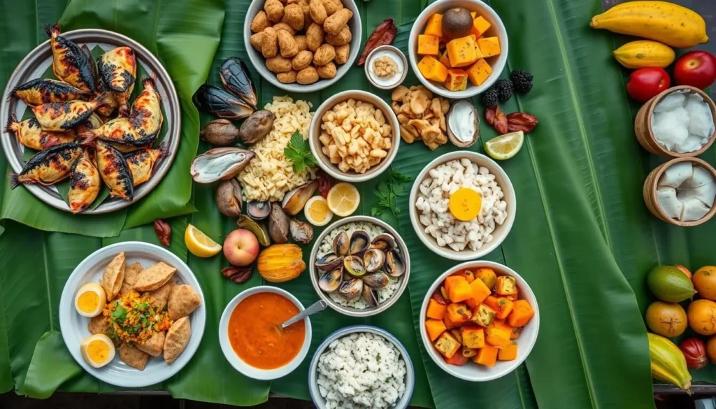 Traditional Wallisian feast with seafood, taro, and tropical fruits