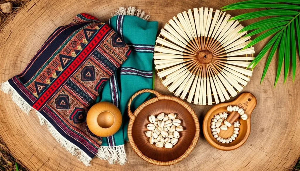 Traditional Wallisian handicrafts including tapa cloth, woven items, and wooden carvings