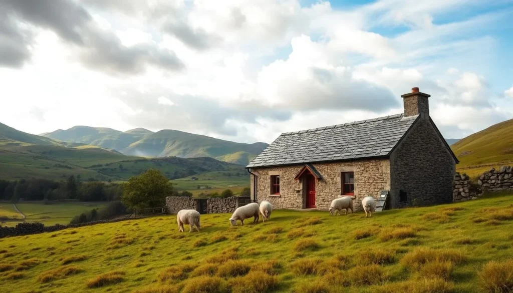 Traditional Welsh cottage with mountains in background and sheep grazing nearby
