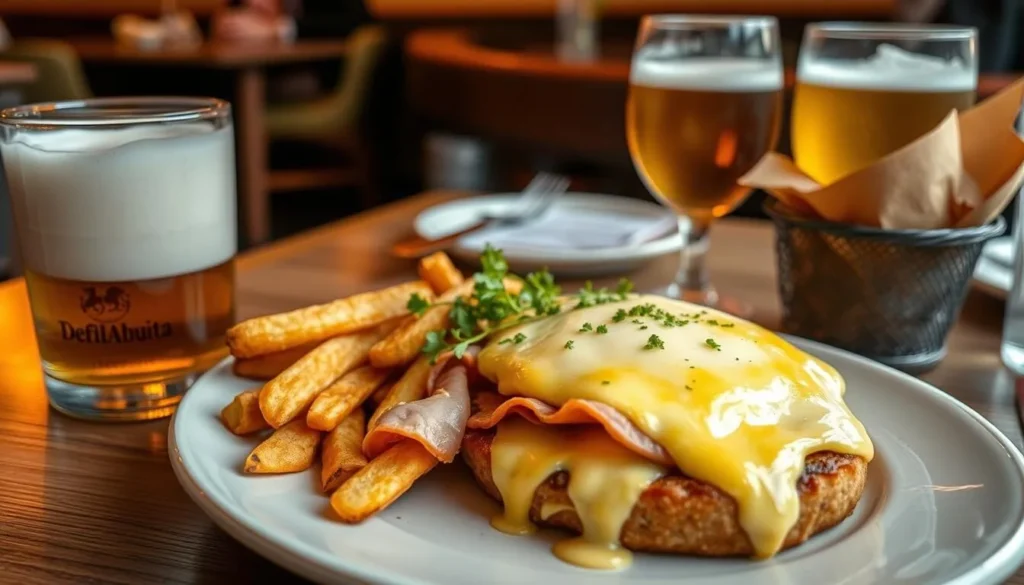 Traditional Welsh dish served in a Lille France restaurant with melted cheese and beer