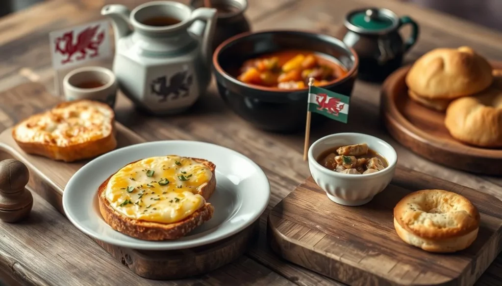 Traditional Welsh meal with Welsh rarebit, cawl, and Welsh cakes