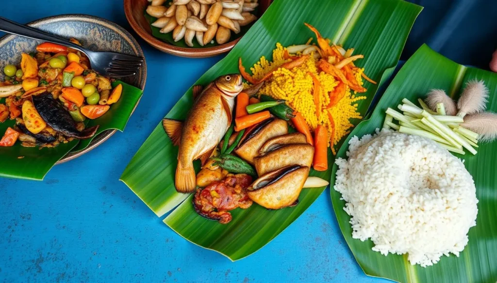 Traditional West Kalimantan cuisine featuring local dishes served on banana leaves