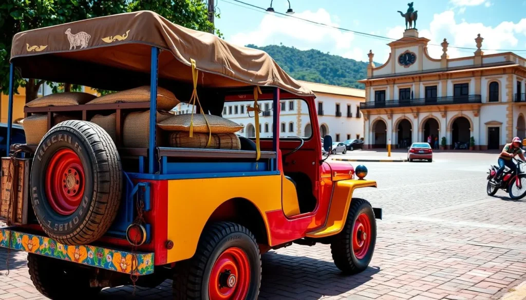 Traditional Willys Jeep transportation in Salento with colorful decoration and passengers