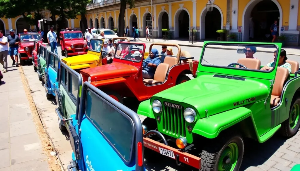 Traditional Willys jeeps lined up in Salento's main square ready to transport tourists to Valle de Cocora
