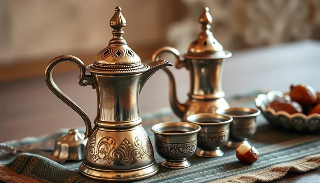Traditional Yemeni coffee ceremony with ornate coffee pots and small cups