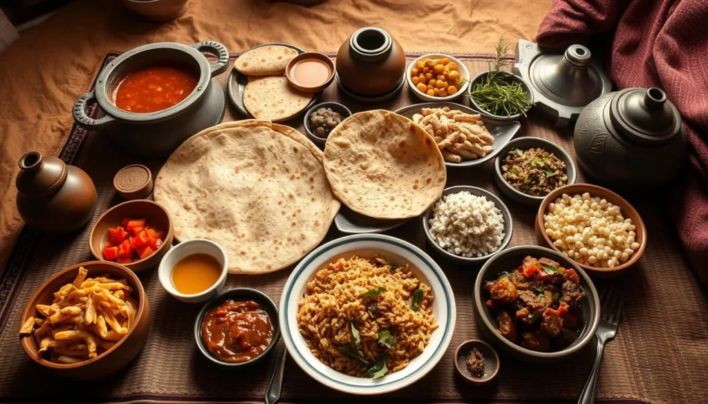 Traditional Yemeni meal spread with Saltah, bread, and accompaniments in Thula