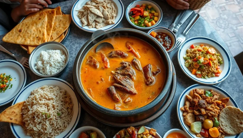Traditional Yemeni meal spread with saltah, mandi, and various side dishes