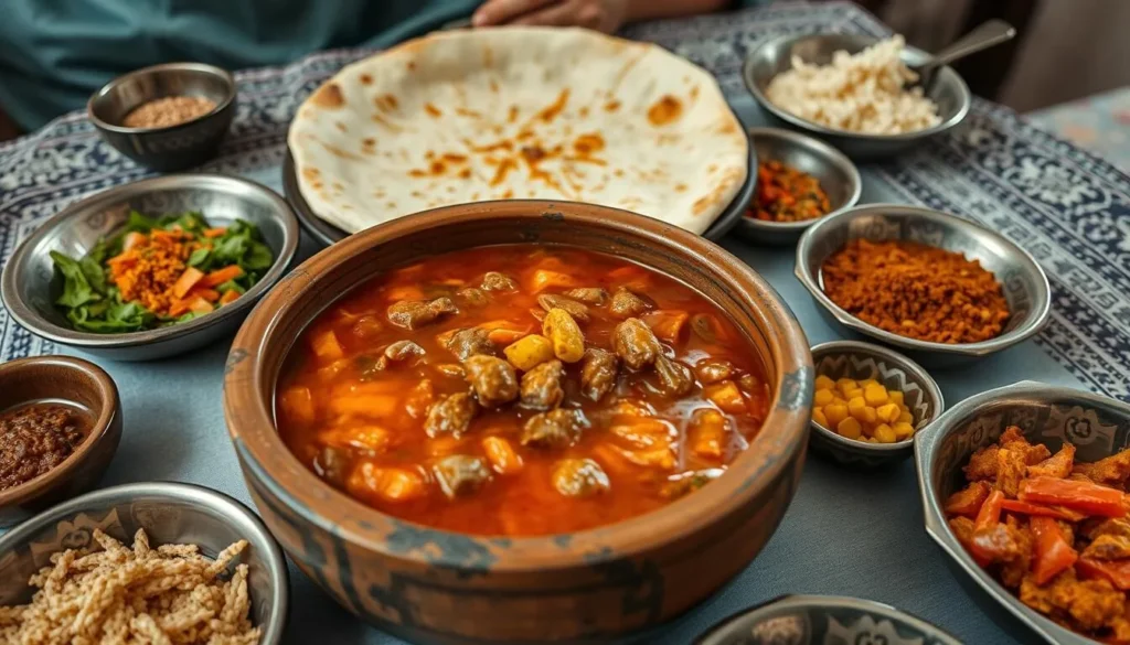 Traditional Yemeni meal with Saltah, flatbread, and accompaniments served in authentic setting