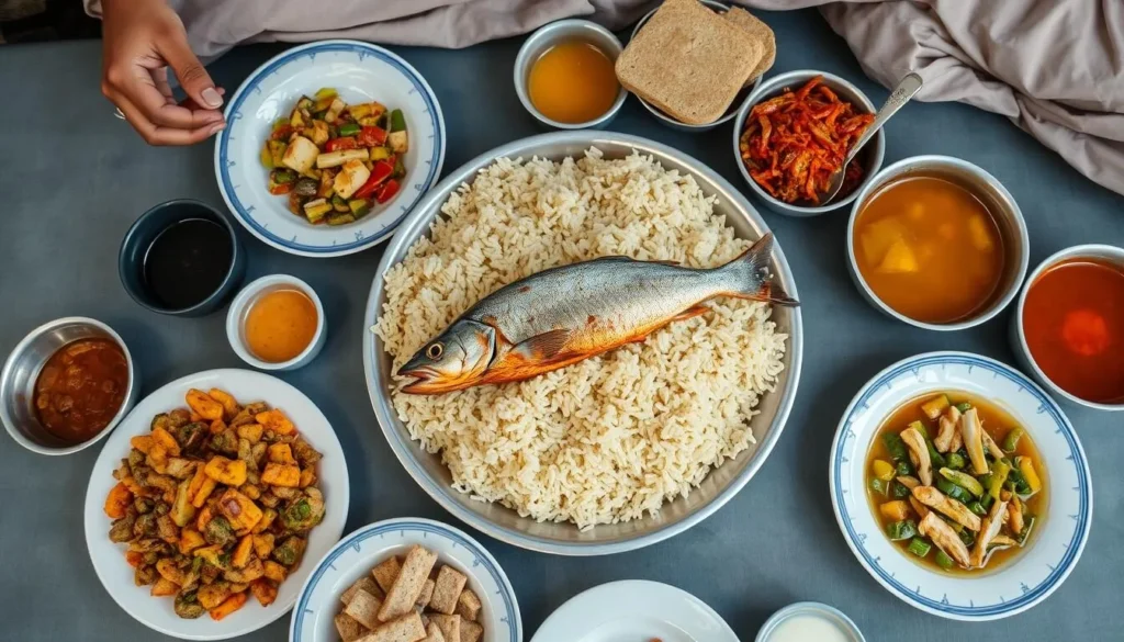 Traditional Yemeni meal with mandi rice, grilled fish, and side dishes