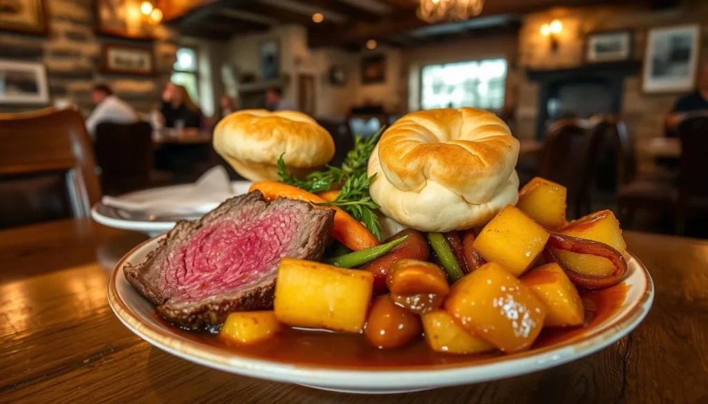 Traditional Yorkshire pudding with roast beef and vegetables in a country pub setting