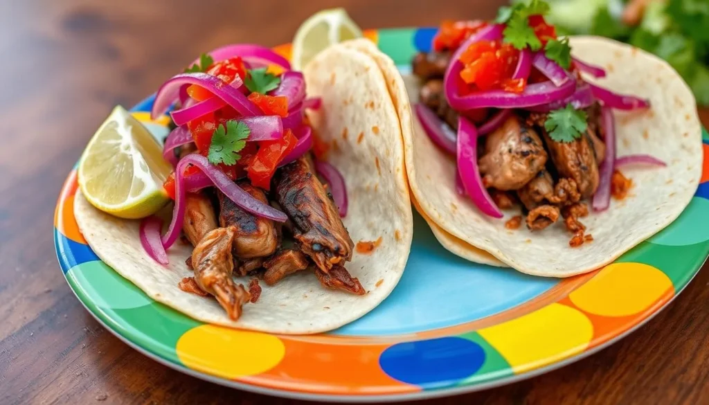 Traditional Yucatecan dish of Cochinita Pibil tacos with pickled red onions in Quintana Roo, Mexico