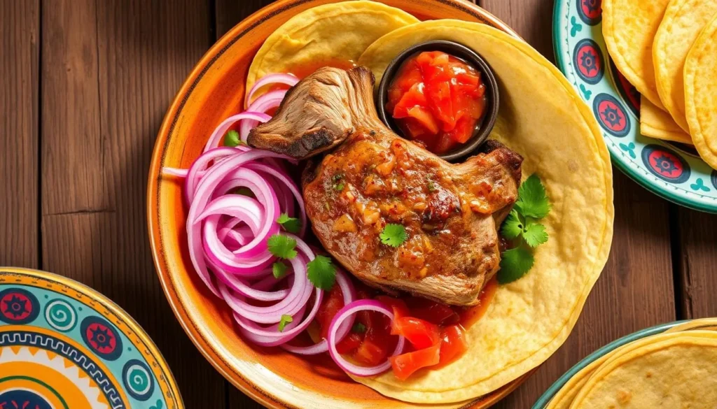 Traditional Yucatecan dish of cochinita pibil served with pickled red onions, habanero salsa, and handmade corn tortillas