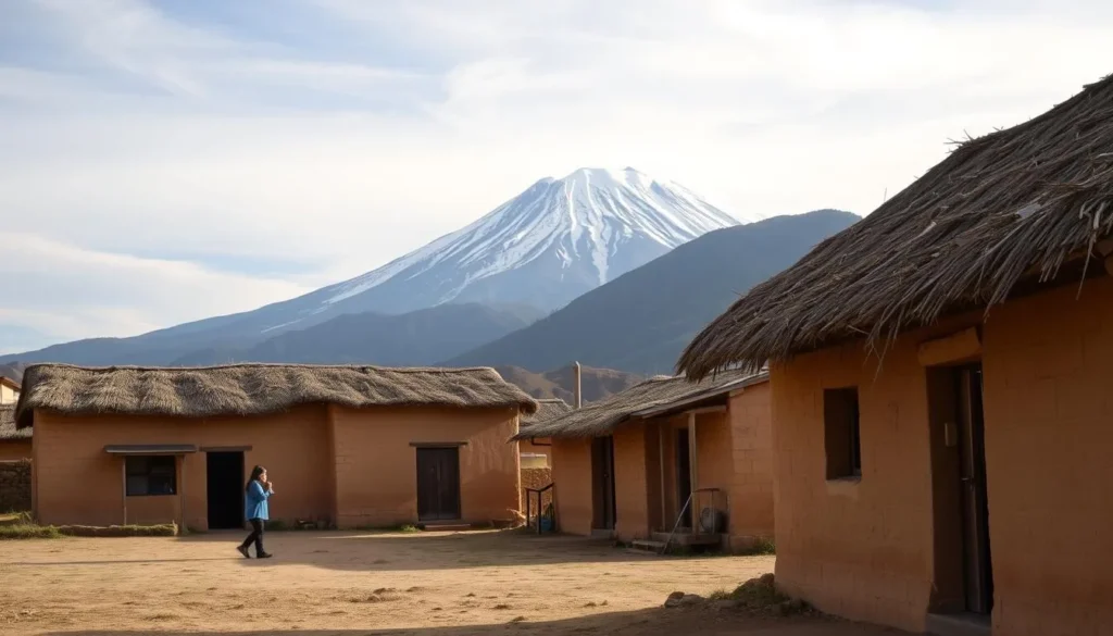 Traditional accommodation in Sajama Village with Nevado Sajama in the background