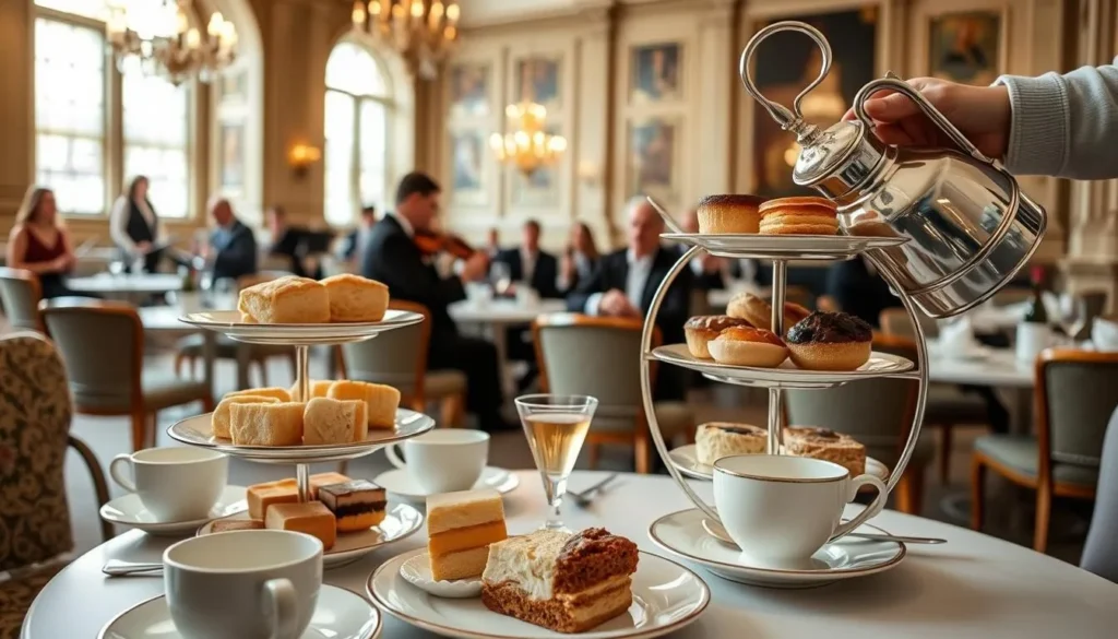 Traditional afternoon tea being served at the Pump Room in Bath with elegant china and tiered cake stands