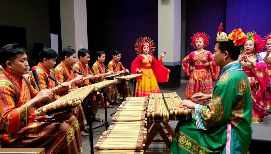Traditional angklung bamboo musical performance with dancers in colorful costumes - cultural attraction in Bogor, Indonesia