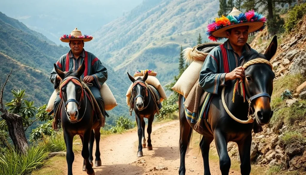 Traditional arrieros (mule drivers) with decorated mules transporting coffee bags