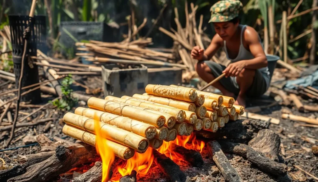 Traditional bamboo rice (nasi bamboo) being prepared over an open fire near Lake Poso