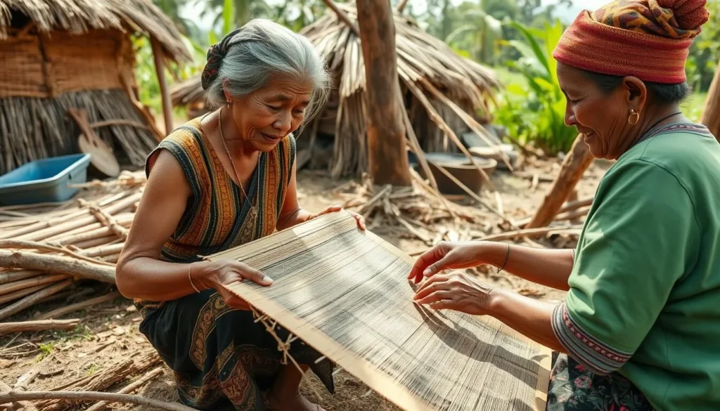 Traditional bark cloth making demonstration by local artisan near Lake Poso