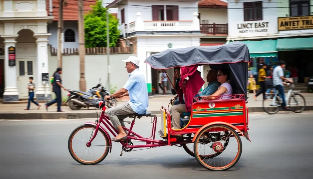 Traditional becak (cycle rickshaw) navigating through Blitar's streets, a popular way for tourists to explore the city center
