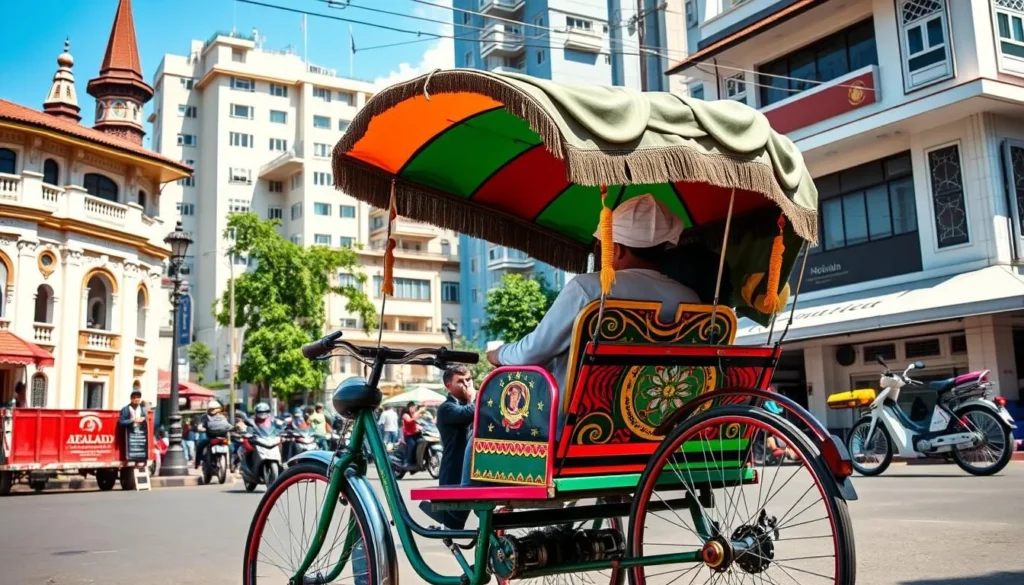 Traditional becak (cycle rickshaw) on Slamet Riyadi main street in Surakarta