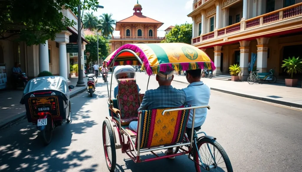 Traditional becak (cycle rickshaw) transportation in Cirebon city streets