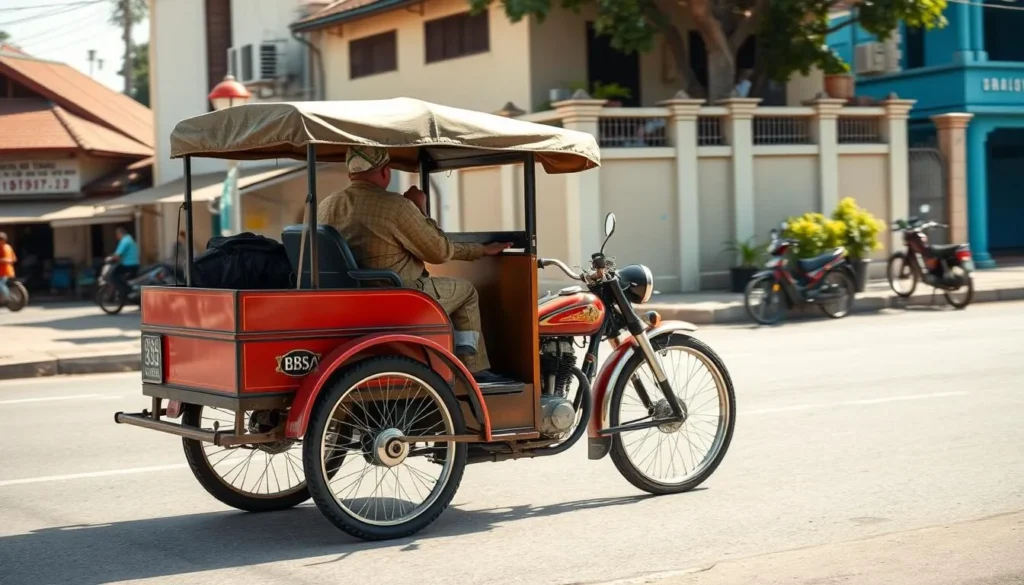 Traditional becak (motorized rickshaw) in Pematangsiantar streets