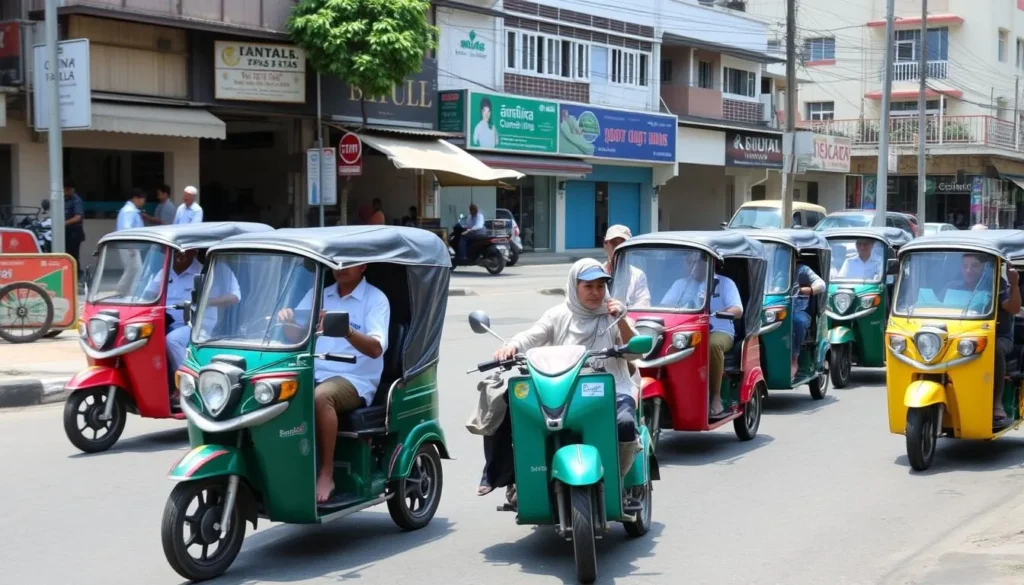 Traditional becak (three-wheeled motorized vehicle) transportation in Binjai, Indonesia, with colorful vehicles on a city street
