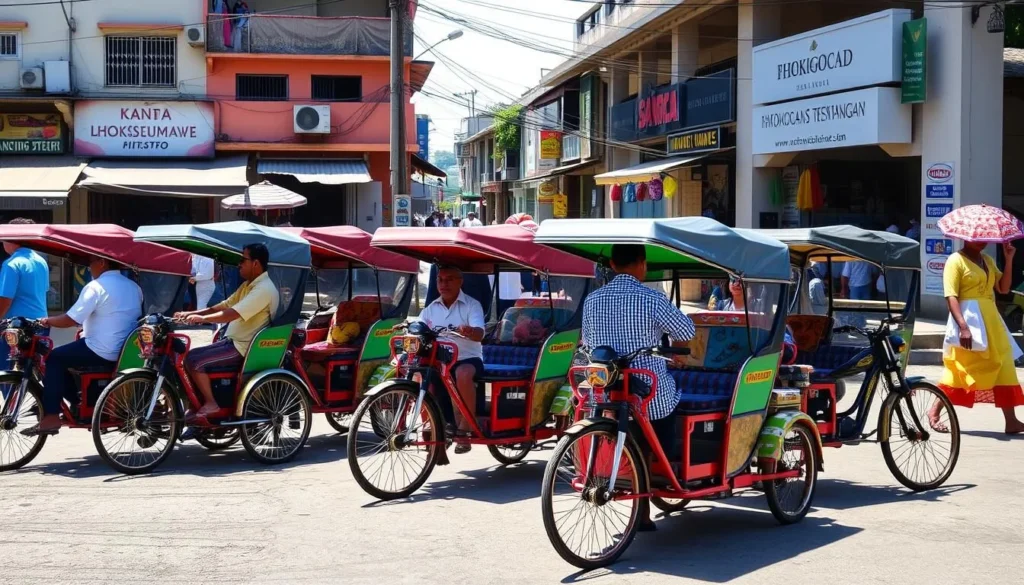 Traditional becak (three-wheeled rickshaw) transportation in Lhokseumawe city center