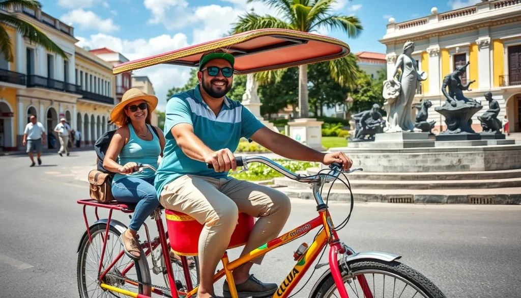 Traditional bici-taxi (bicycle taxi) in Las Tunas city center, a popular way for tourists to get around