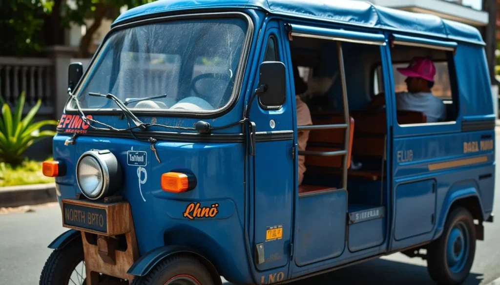 Traditional blue bemo minivan in Singaraja, the local public transportation option